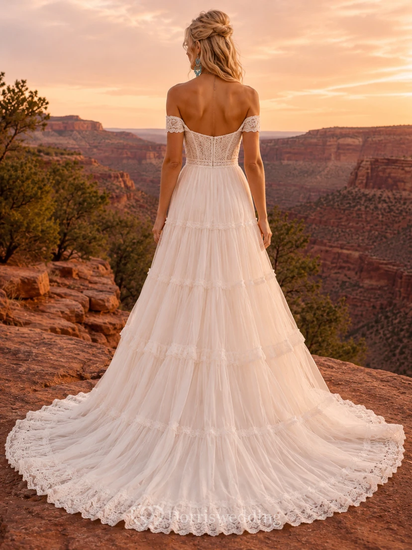 Western Rustic Tiered Tulle A-Line Wedding Dress With Train view 2