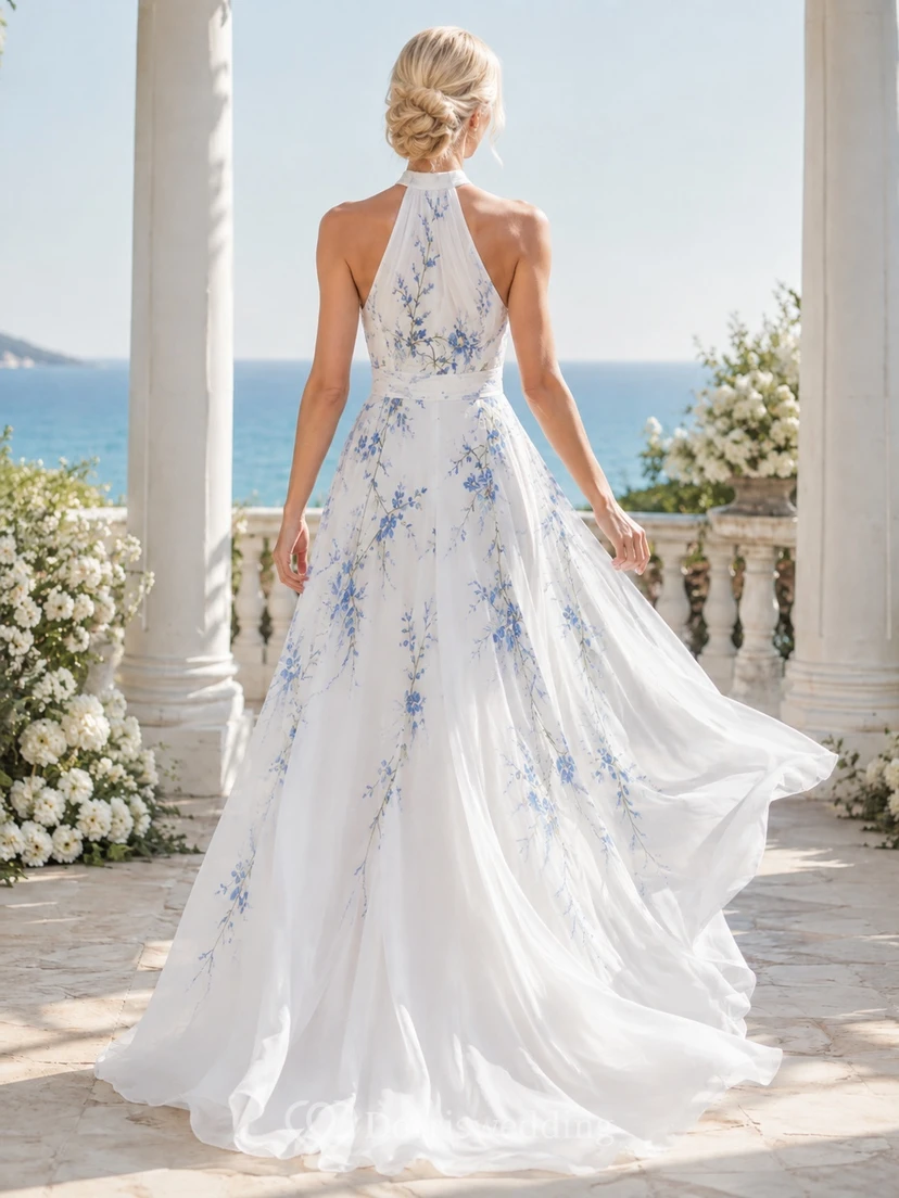 Himmelblaues, figurbetontes, ärmelloses Brautkleid mit hohem Kragen und modernem Schnitt aus Spitze view 2