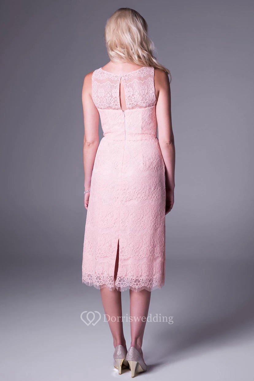 Tea-Length Sheath Splitted Sleeveless Scoop Neck Lace Prom Dress view 2