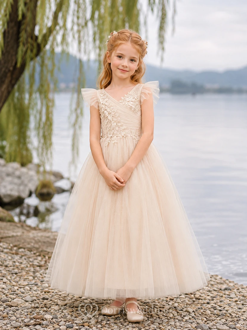 A-Line Flowergirl Lace Tulle Floor-Length Sleeveless Lakeside Wedding Dress with Floral Bodice