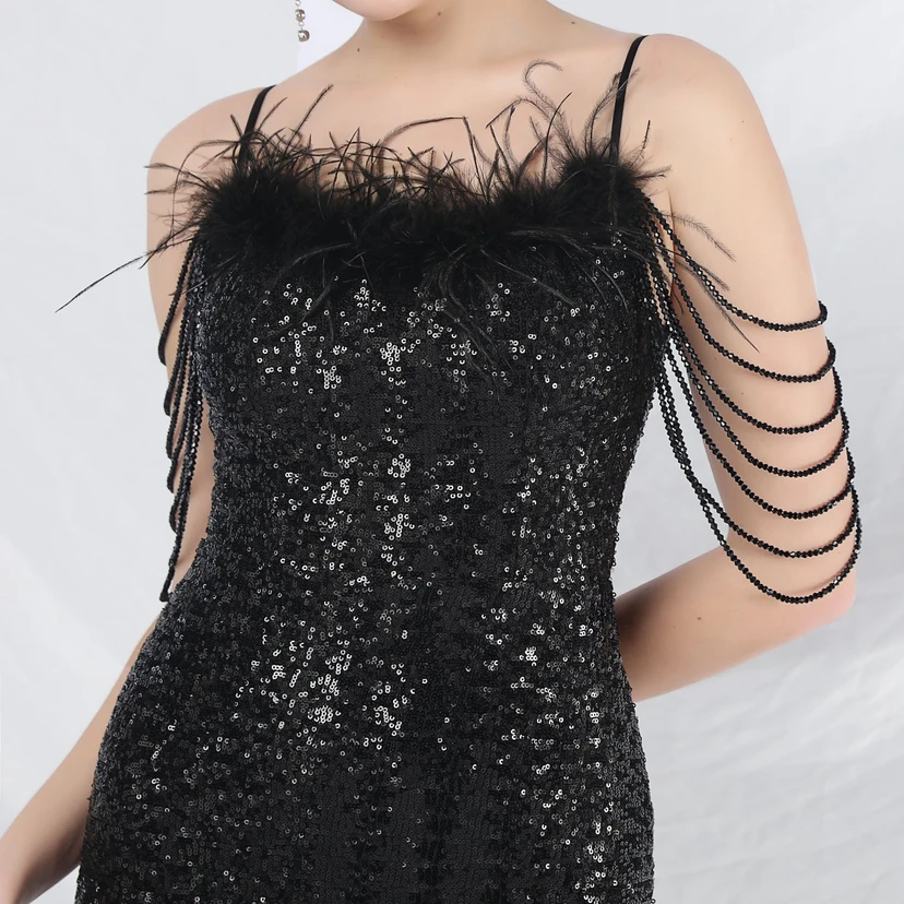 Craft Beaded Ostrich Feather Fantasy Sequined Long Evening Dress view 72