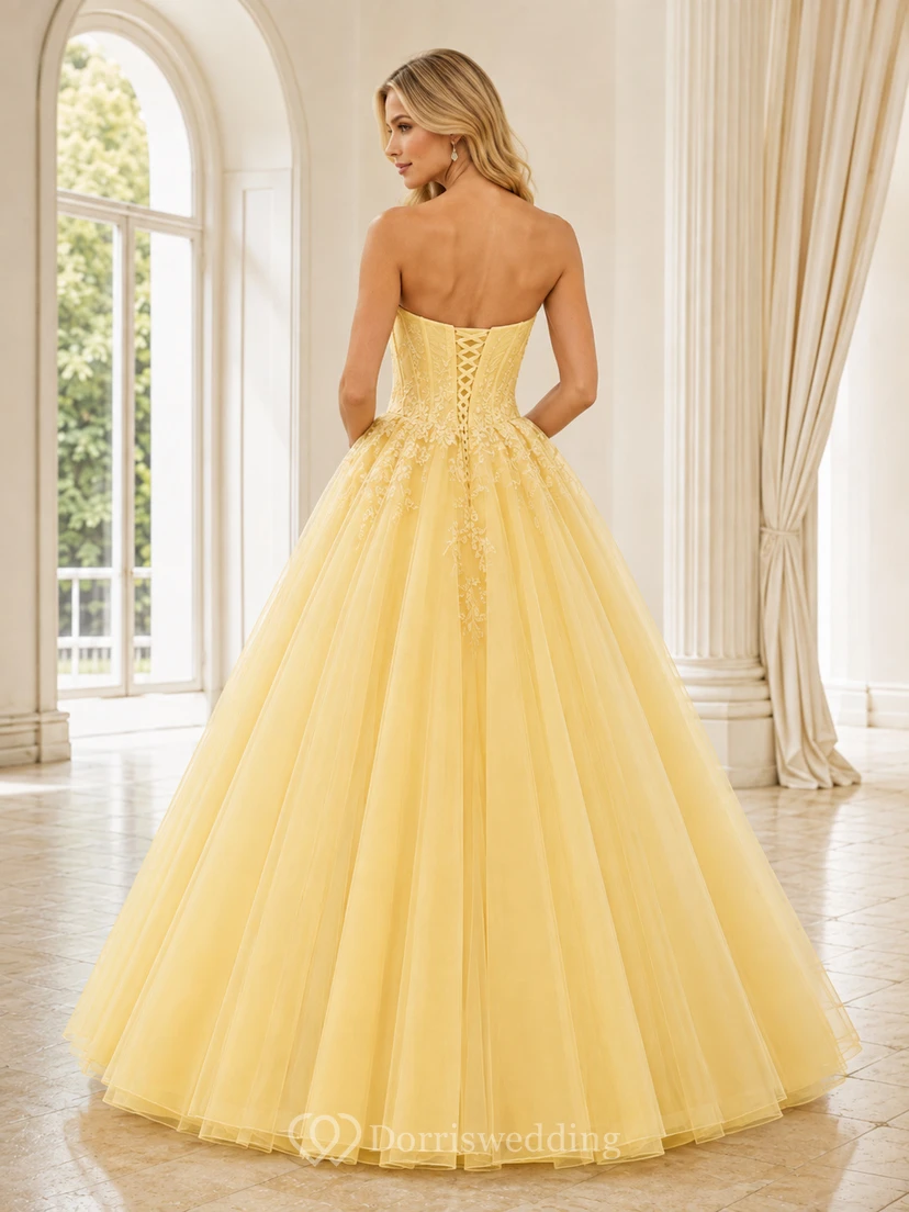 Luxury Daffodil Strapless Sweetheart Beaded-Applique Tulle Ball-Gown Floor-Length Prom Dress view 2