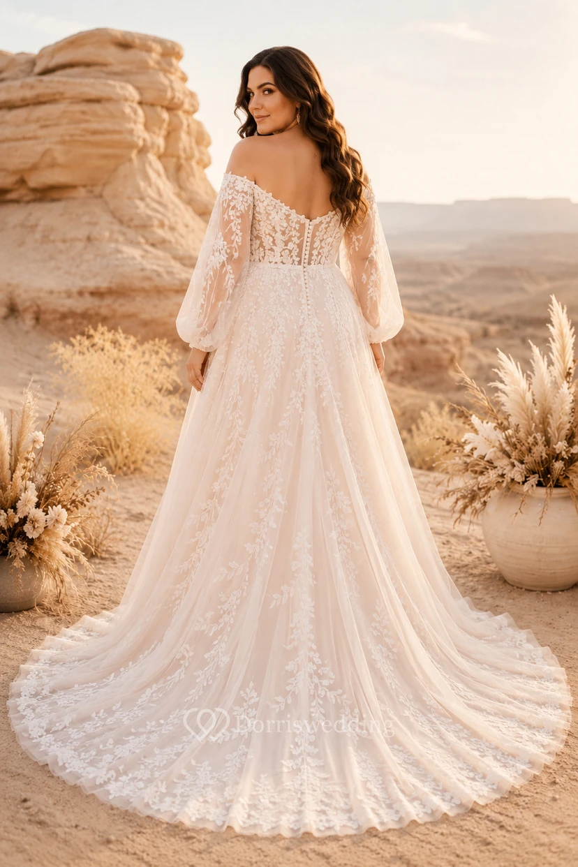 Plus Size schulterfreies A-Linien-Brautkleid aus Spitze mit Glockenärmeln view 2