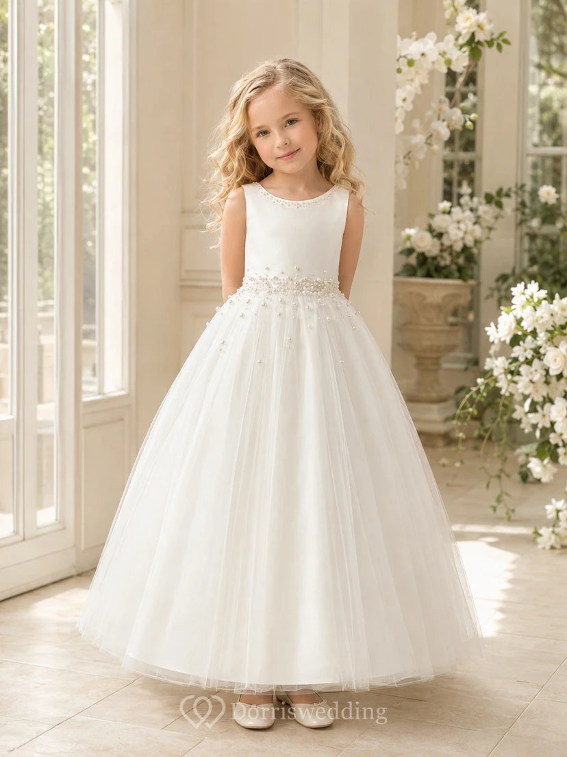 Flower Girl Dress Ivory Satin A-Line Jewel Neck Tea Length Bow Detail