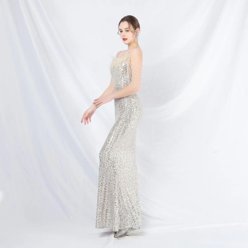 Craft Beaded Ostrich Feather Fantasy Sequined Long Evening Dress view 39