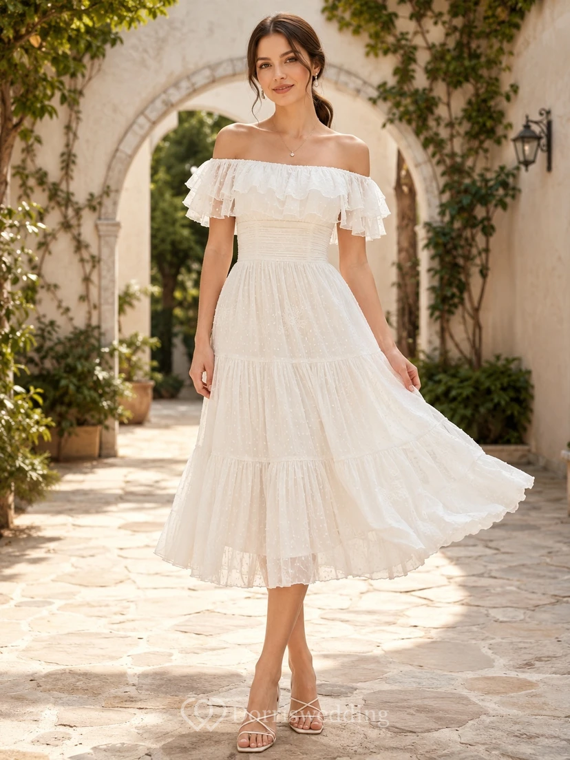 Vestido casual formal blanco de corte A, largo midi, con volantes y escote Bardot.