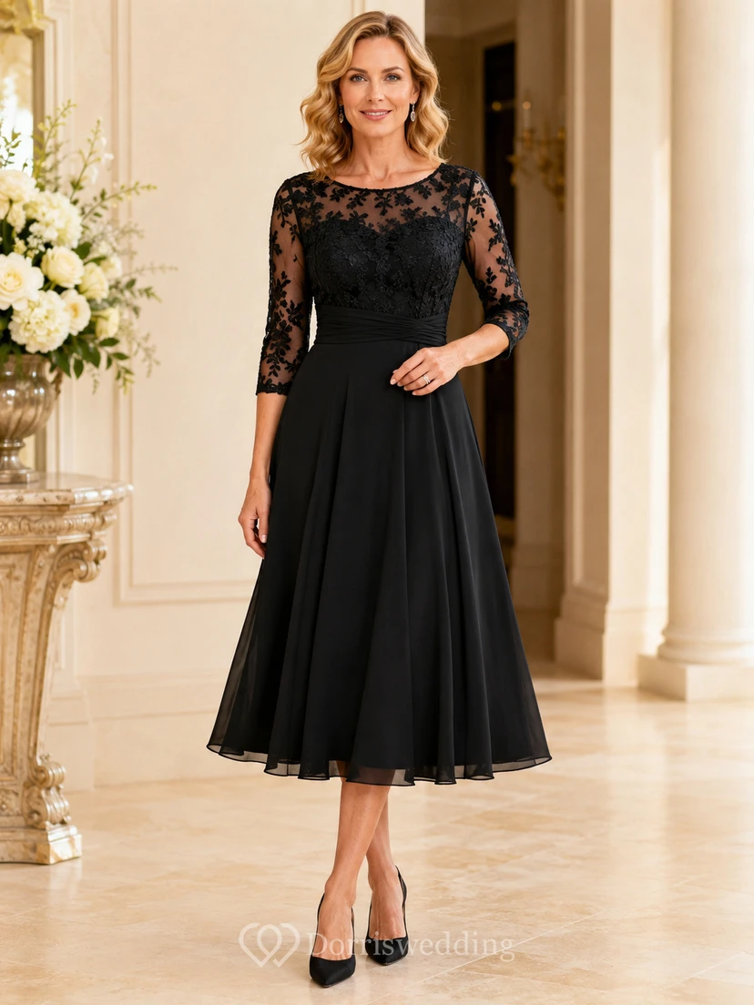 Elegante vestido negro de gasa con encaje y escote barco de tres cuartos hasta la rodilla para madres.