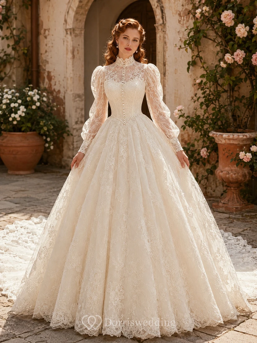 Robe de bal de cour à manches longues et col montant ornée de perles