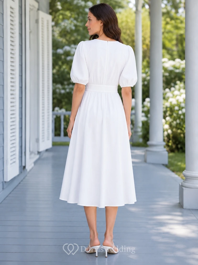 Modest Tea-Length V-Neck Puff Sleeve Chiffon A-Line Civil Bridal Wedding Dress view 2