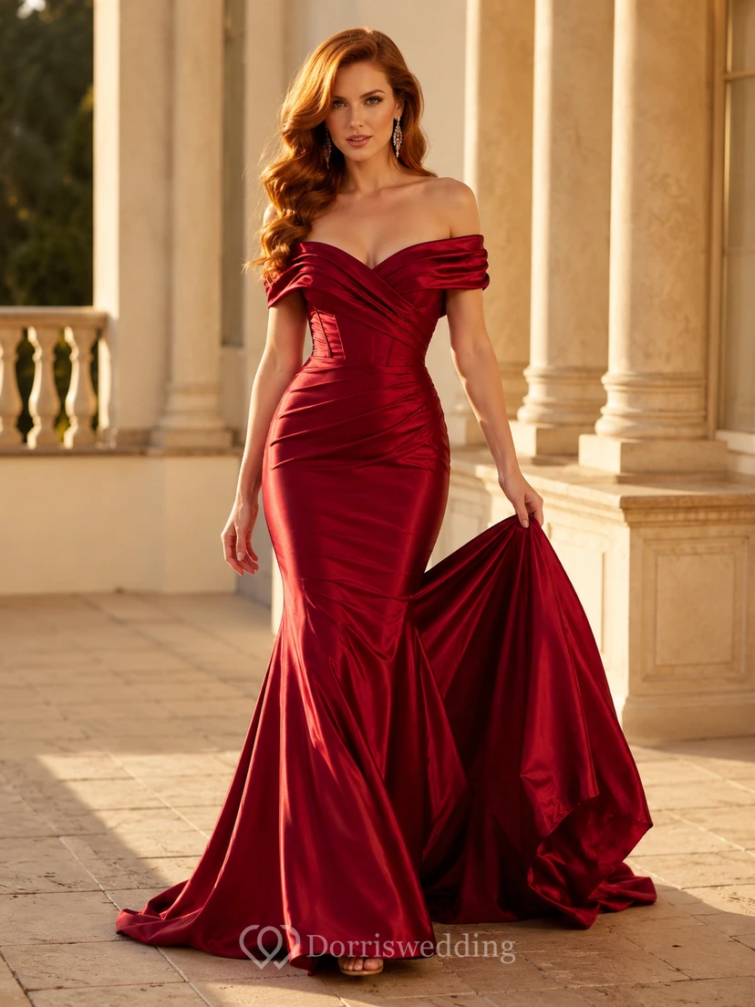 Burgundy Off Shoulder Ruched Satin Mermaid Formal Evening Dress