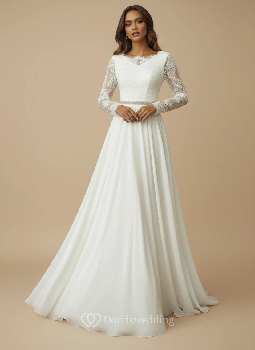 Bateau-neck Lace Long Sleeve Sheath Wedding Dress