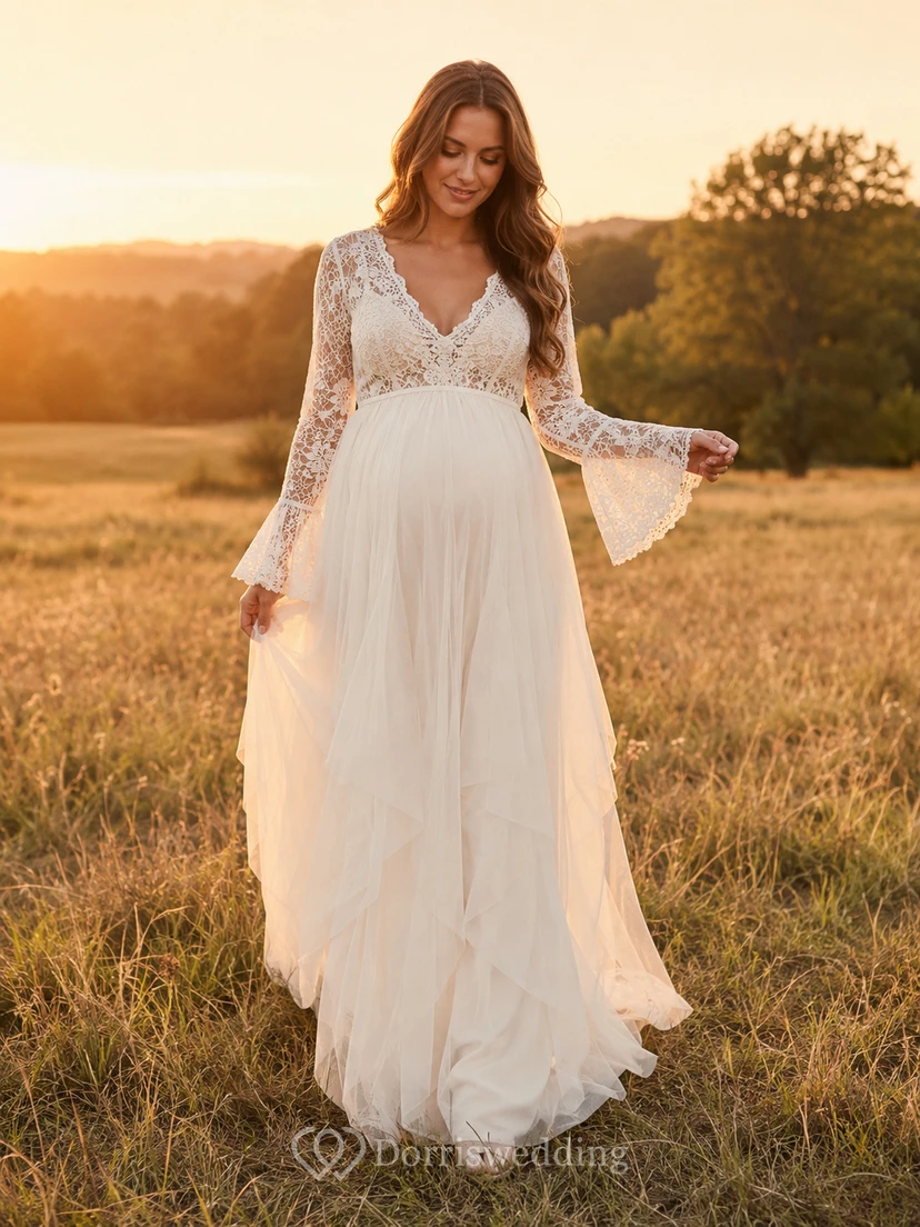 Bohemian Maternity V Neck Lace Bell Sleeve Tulle Empire Floor Wedding Dress