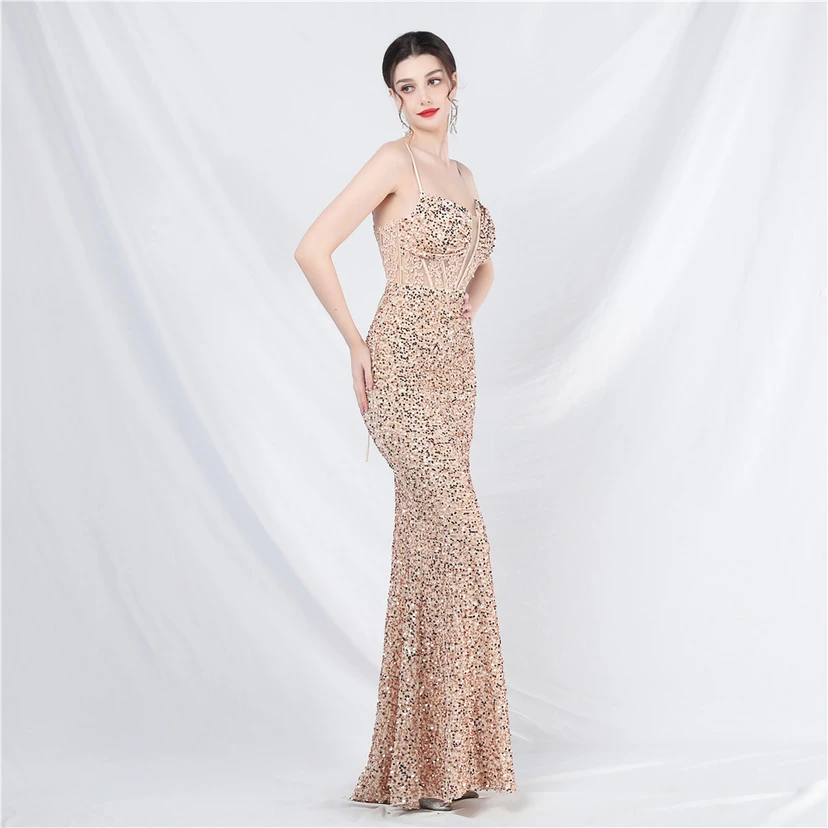 Vestido de noche pesado, estilo palacio, chaleco con diseño de espina de pescado, cintura con bordado de diamantes, flores, hombros descubiertos y tirantes. Vestido de alta gama. view 28