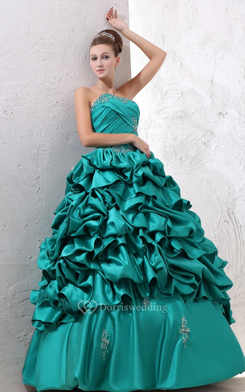 Satin Strapless Ball Gown With Ruffles and Criss-Cross Ruching view 2