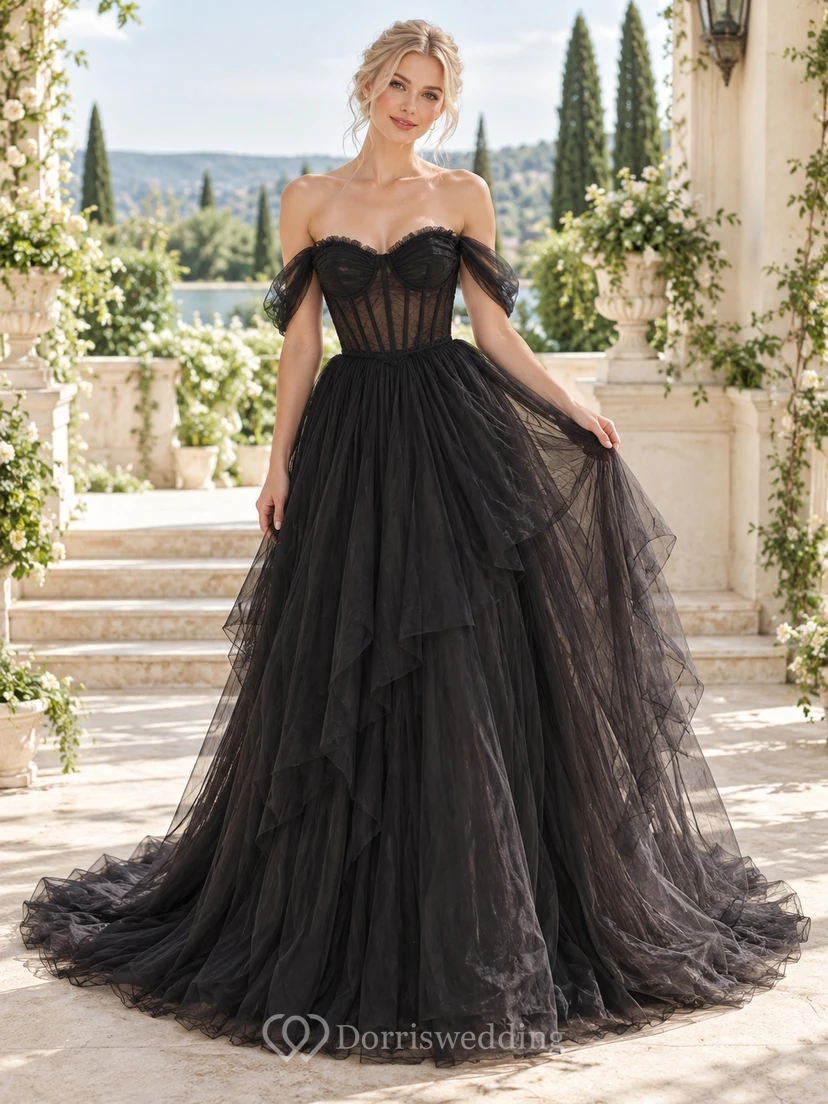 Black Off Shoulder Corset Layered Tulle A-Line Wedding Dress