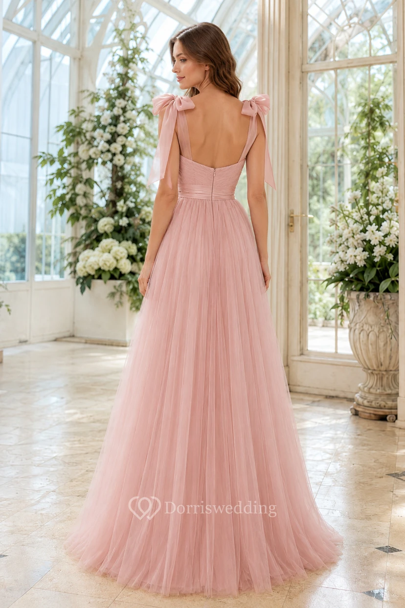 Plus Size Blushing Pink Strapless Tulle A-Line Prom Dress with Bow Shoulder Ties view 2