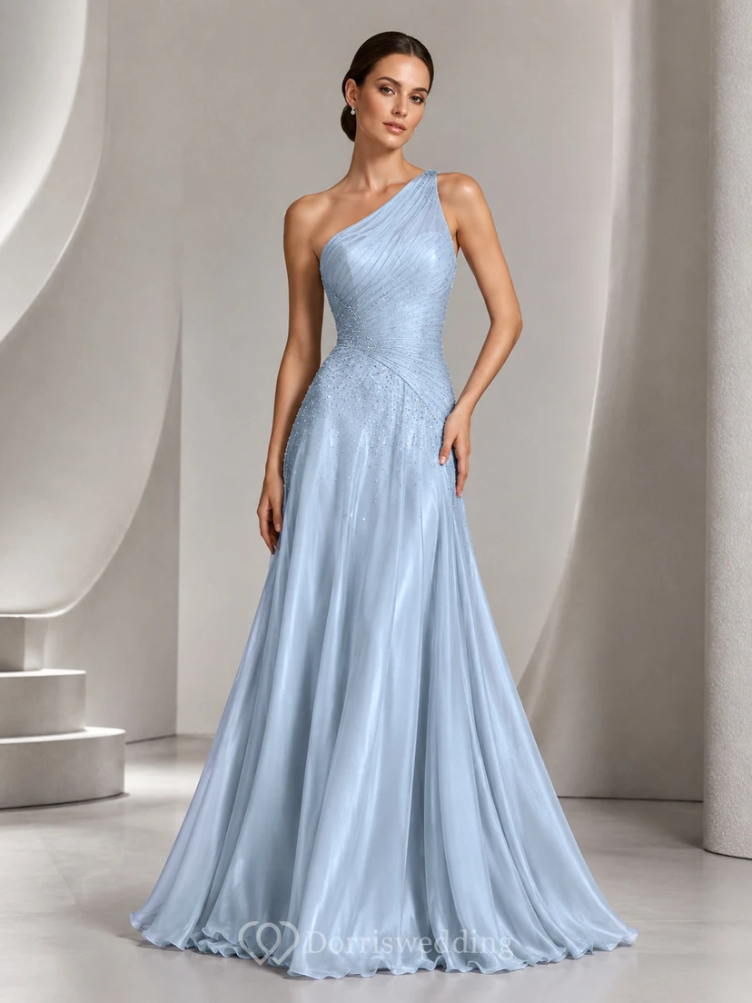 Himmelblaues, sanft-glamouröses A-Linien-Abendkleid mit One-Shoulder-Schnitt