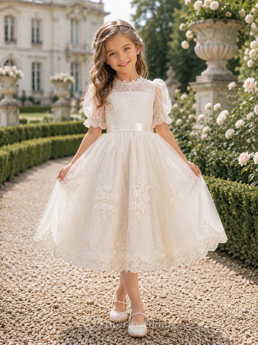 A-Line French Vintage Flower Girl Dress with Puff Sleeves, Floral Lace Skirt, Satin Waist, Tea-Length Heirloom Formal Style