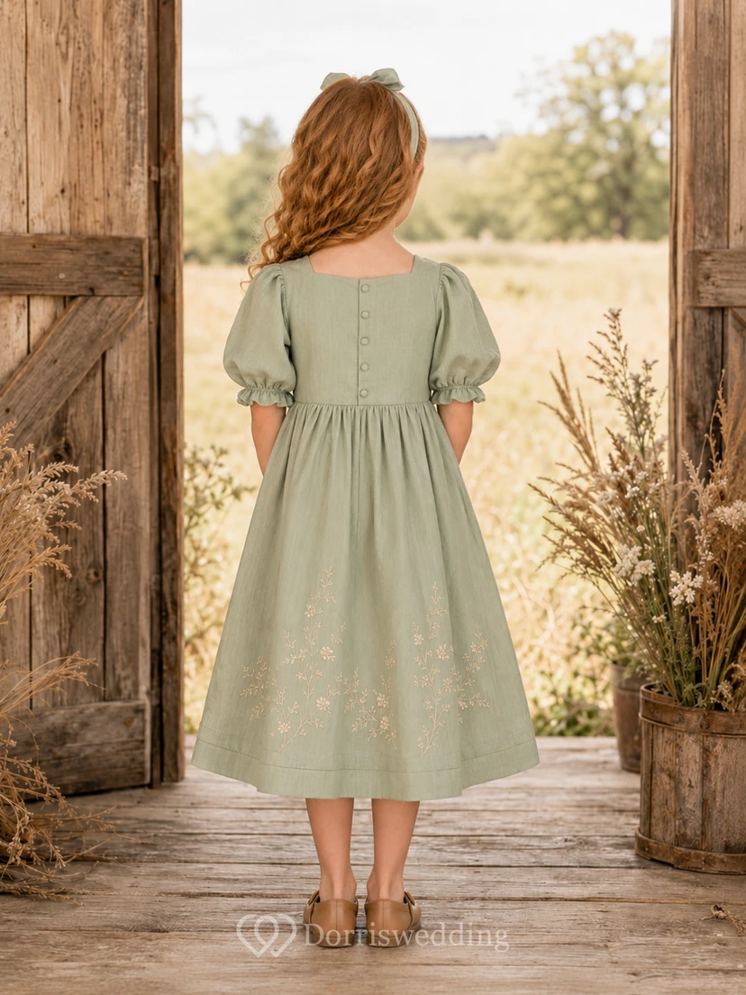 A-Line Flowergirl Sage Floral Print Tulle Tea-Length Puff Sleeve Prairie Wedding Dress view 2