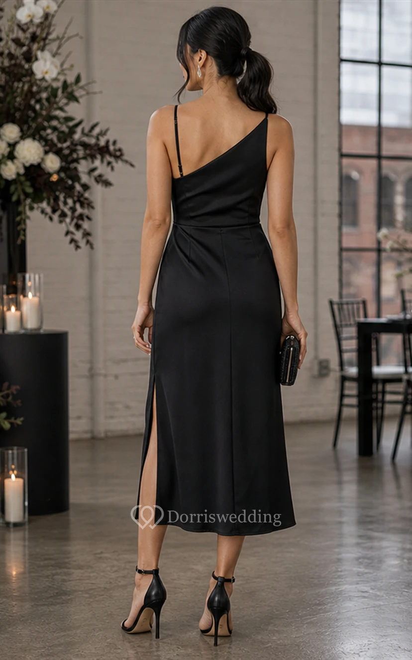 Black One-Shoulder Satin Sheath Cocktail Dress view 2