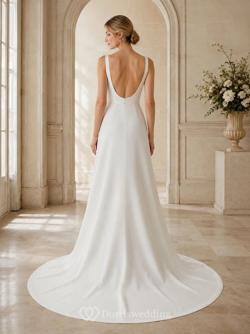 Robe de mariée minimaliste en satin classique, col carré, sans manches, coupe trapèze et traîne, idéale pour une salle de bal. view 2