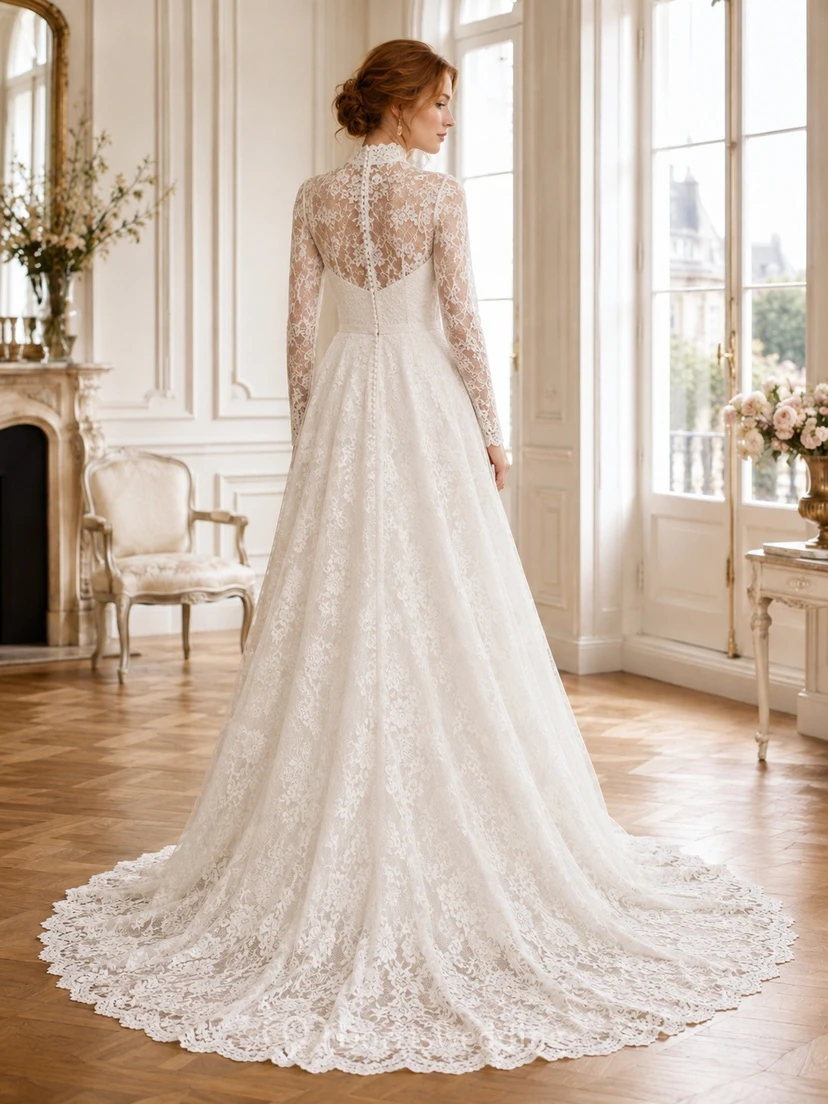 Vestido de novia blanco de encaje, corte A, estilo vintage, modesto y romántico, con mangas largas y cuello alto. view 2