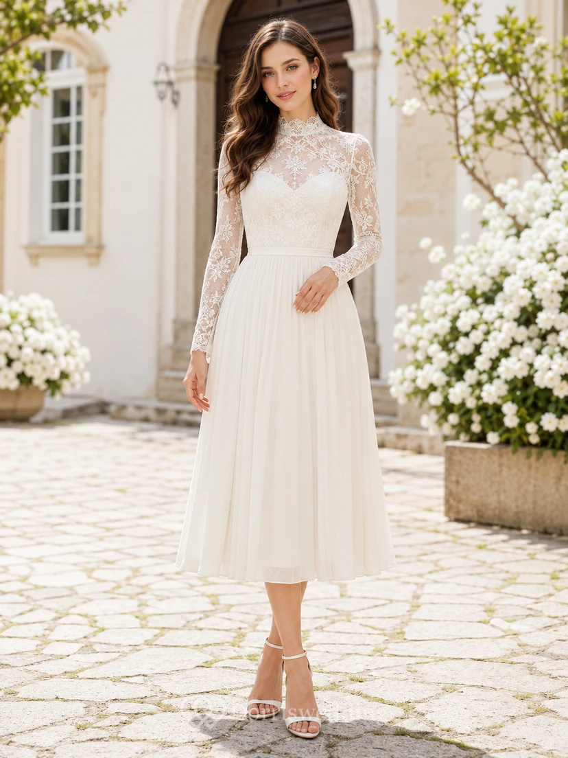 Modest Halter High Neck Long Illusion Lace Sleeve Tea Length Wedding Dress