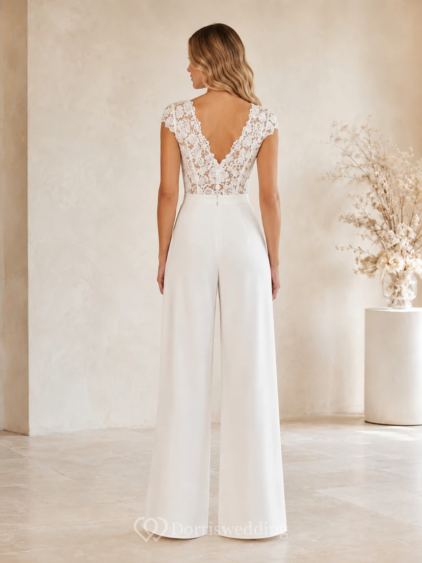 Satin Lace Wedding Jumpsuit V-Neck Sleeveless Sweep Train view 2
