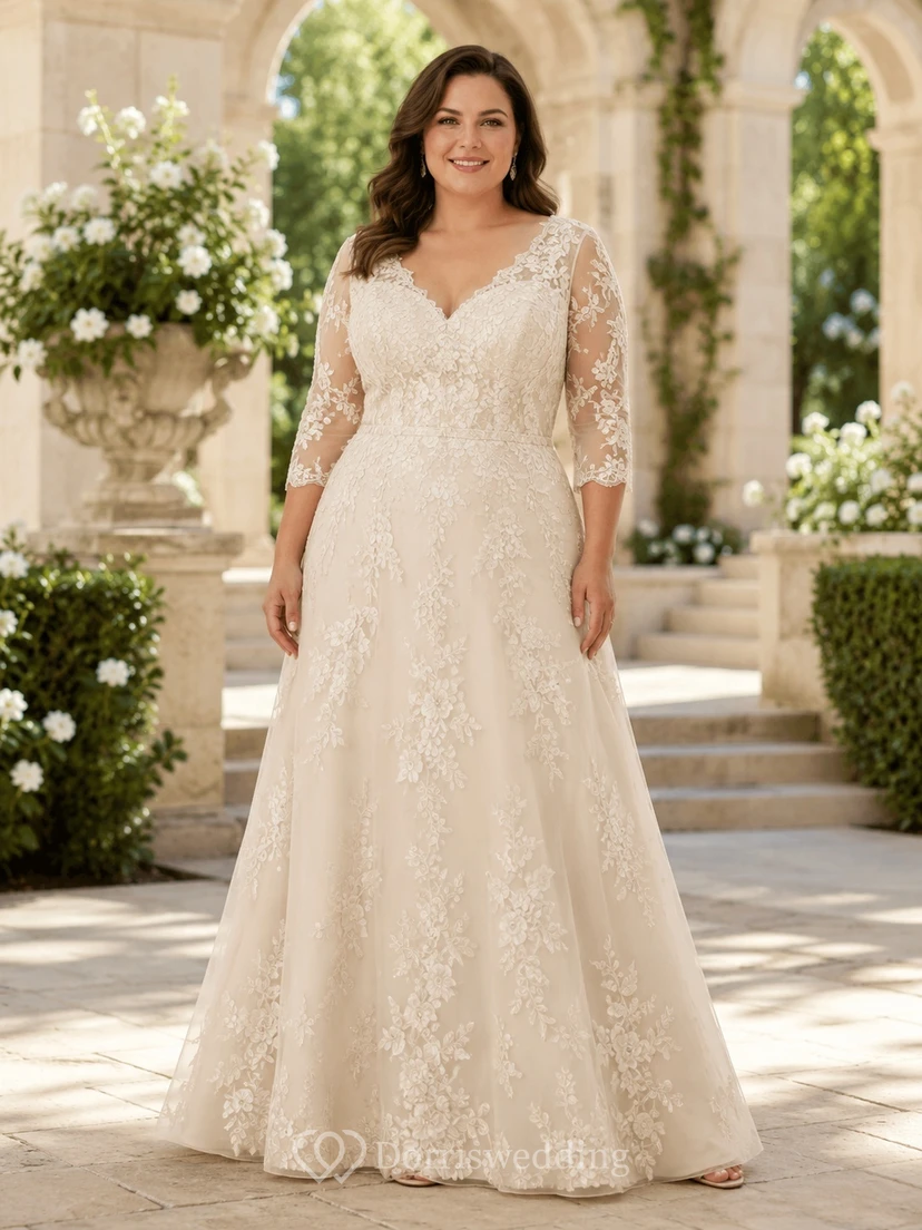 Plus Size Ivory Lace V-Neck Three-Quarter Sleeve A-Line Floor-Length Vow Renewal Dress