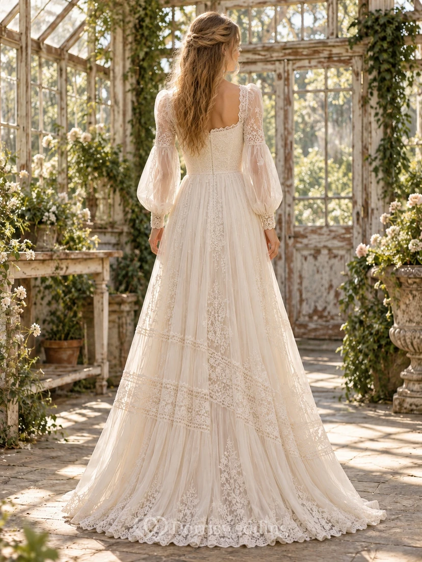 Vintage Square Neck Long Sleeve Panel Lace A-line Wedding Dress view 2