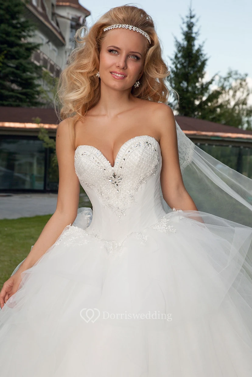 Long Sweetheart Beaded Ruffled Tulle Wedding Dress With Court Train And Corset Back view 4