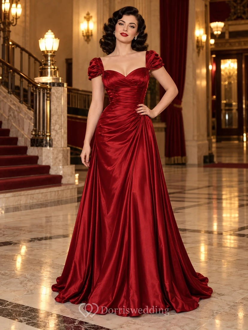 Vintage Red Sweetheart Puff Sleeve Ruched Satin Long Evening Dress