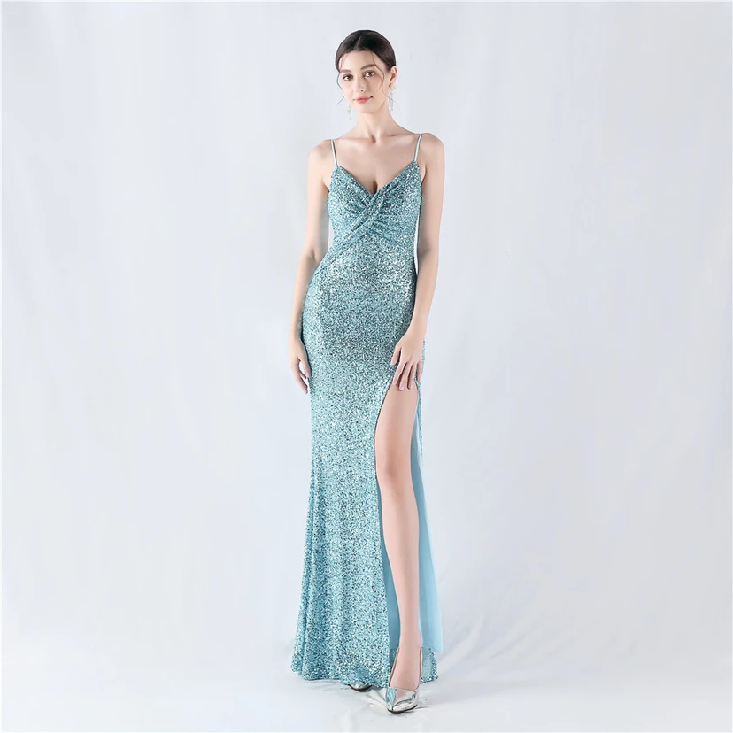Robe de soirée sexy à sequins et fente haute, avec bretelles et encoche cryptée view 37