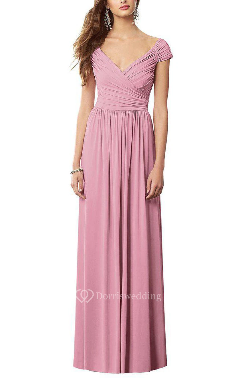 Cap Sleeve V-neck Ruched Long Chiffon Dress