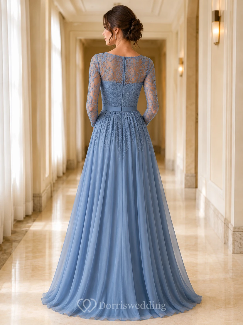 Schlichtes, staubblaues Chiffon-Spitzen-Abendkleid mit langen Ärmeln view 2