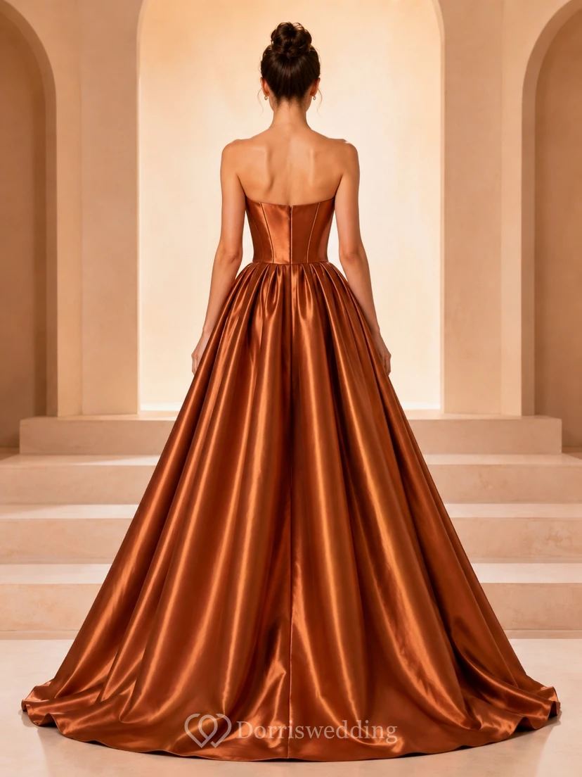 Luxury Copper Satin Ball Gown Floor-Length Strapless Pleated Evening Dress view 2