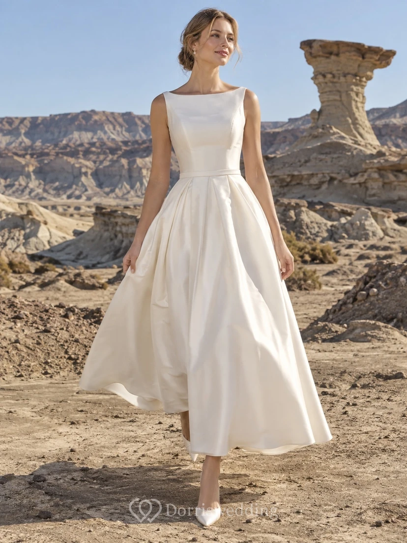 Vestido de novia sencillo de tafetán, corte en A, sin mangas, con escote barco y falda plisada, hasta la rodilla.