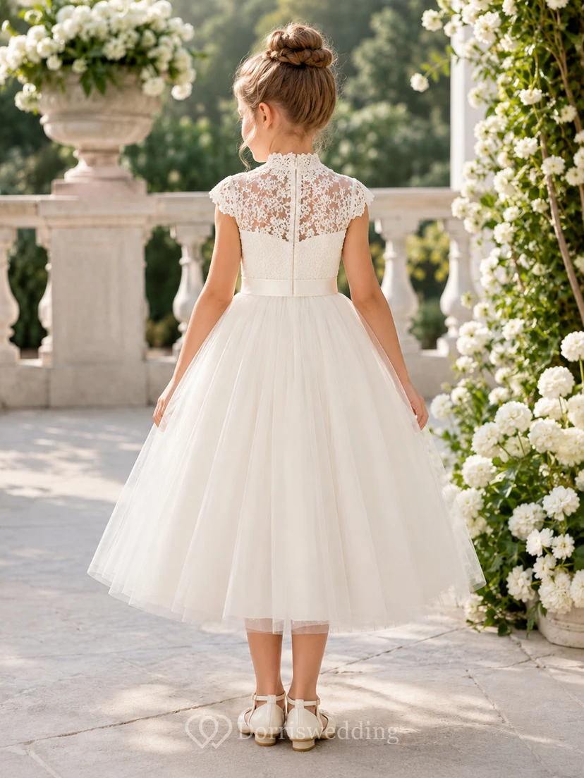 Flower Girl Dress Ivory Lace Tulle A-Line Jewel Neck Tea Length view 2