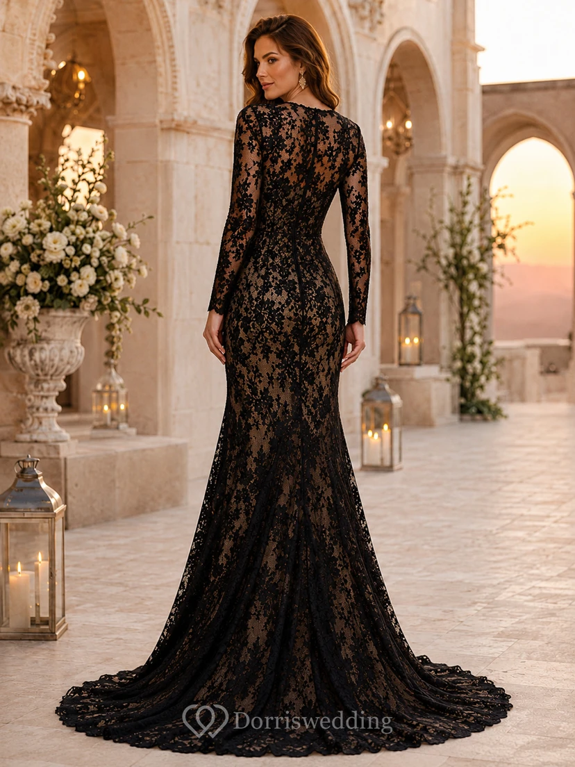 Schwarzes, langärmeliges Meerjungfrauen-Abendkleid aus Spitze für Hochzeiten view 2