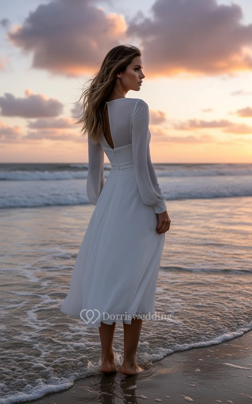 Robe de mariée de plage en mousseline à manches longues et col en V, longueur thé, en mousseline. view 2