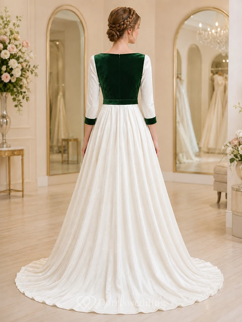 Elegantes Brautkleid aus smaragdgrünem Samt in A-Linie mit Schmucksteinen, langen Ärmeln und Schleppe view 2