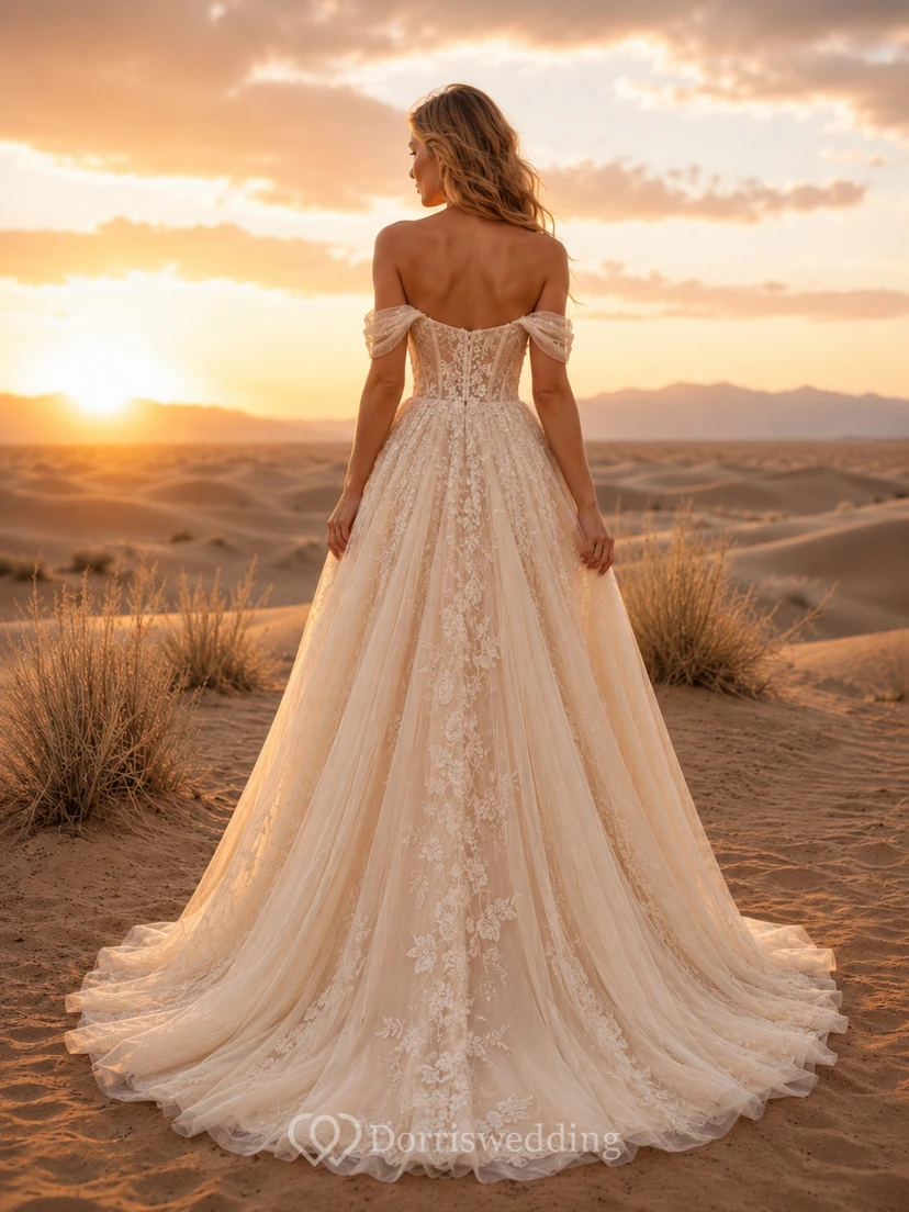Champagne Boho Off-Shoulder Applique Tulle Desert Bridal Gown view 2