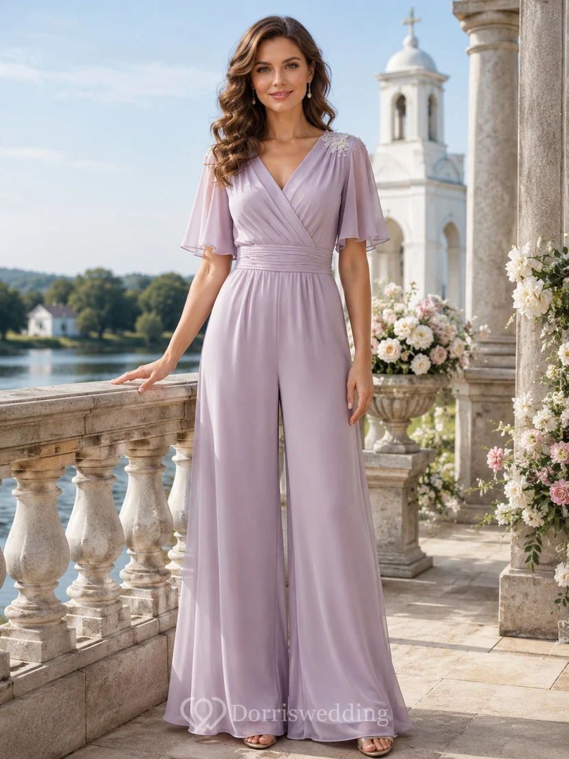 Lavendelfarbener Wickel-Jumpsuit aus Chiffon mit V-Ausschnitt, kurzen Ärmeln und weitem Bein – ideal zur Taufe
