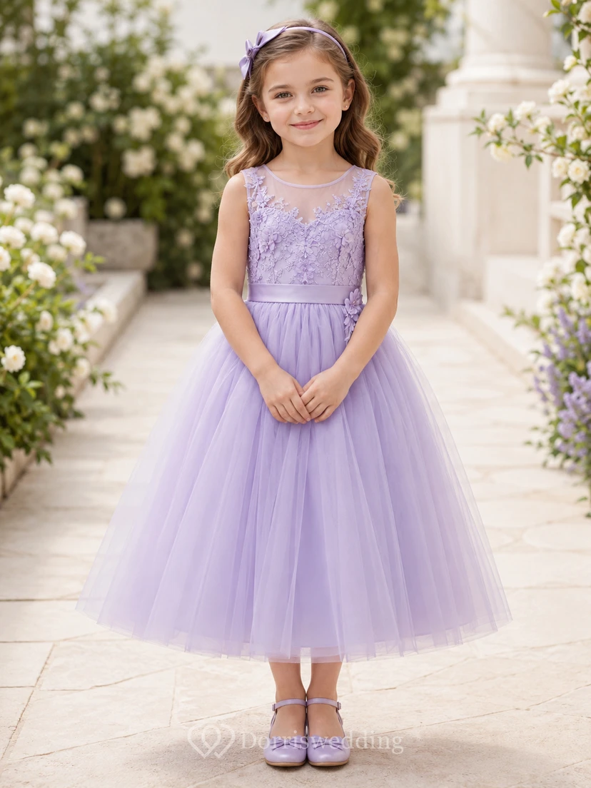 Lavender Lace Tulle A-Line Flower Girl Dress with Jewel Neck and Tea-Length Skirt