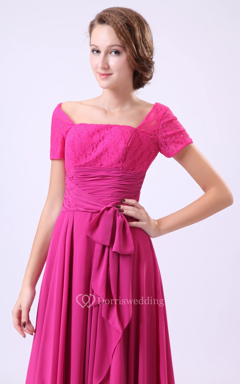 Square-Neck Short-Sleeve Chiffon Dress With Pleating and Laced Top view 3