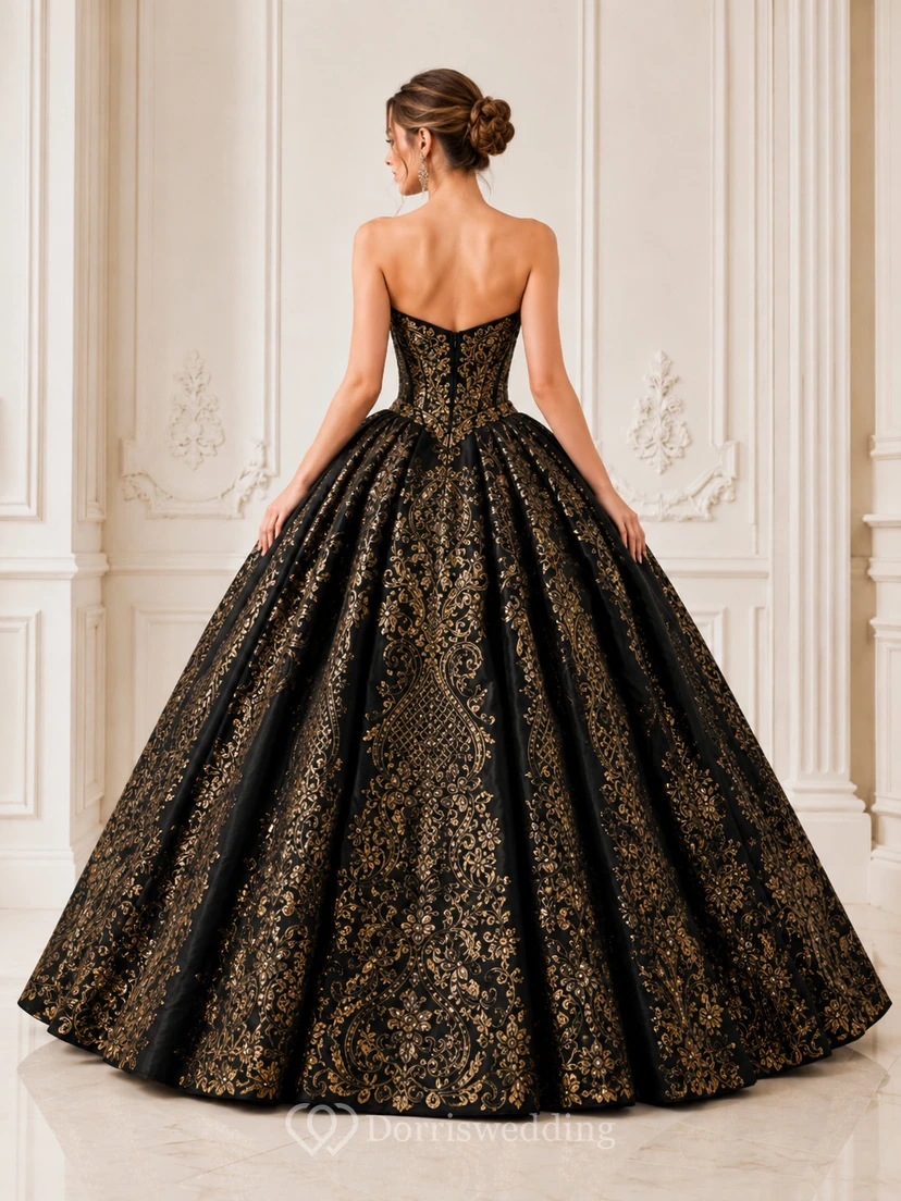 Black Gold Strapless Sweetheart Brocade Satin Luxury Princess Quinceanera Ball Gown view 2