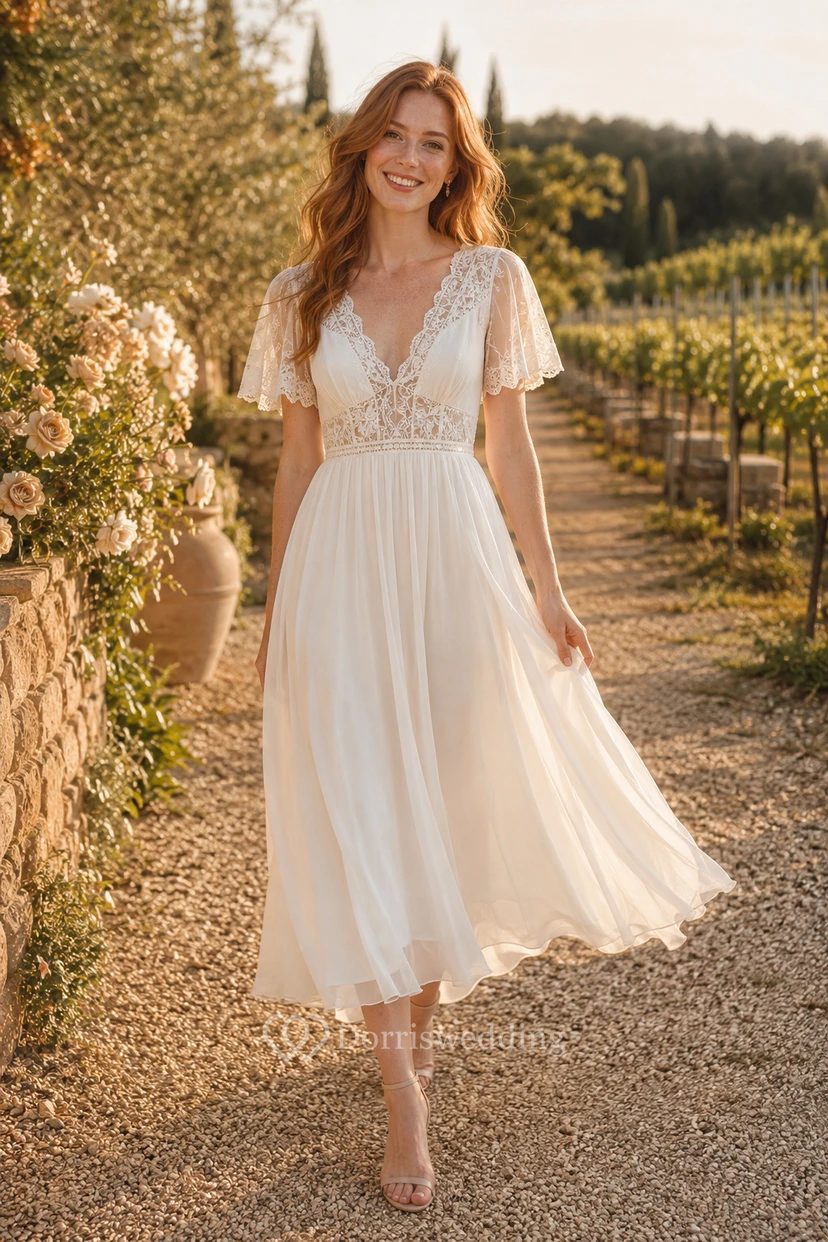 Robe de mariée mi-longue en mousseline de soie et dentelle à col en V