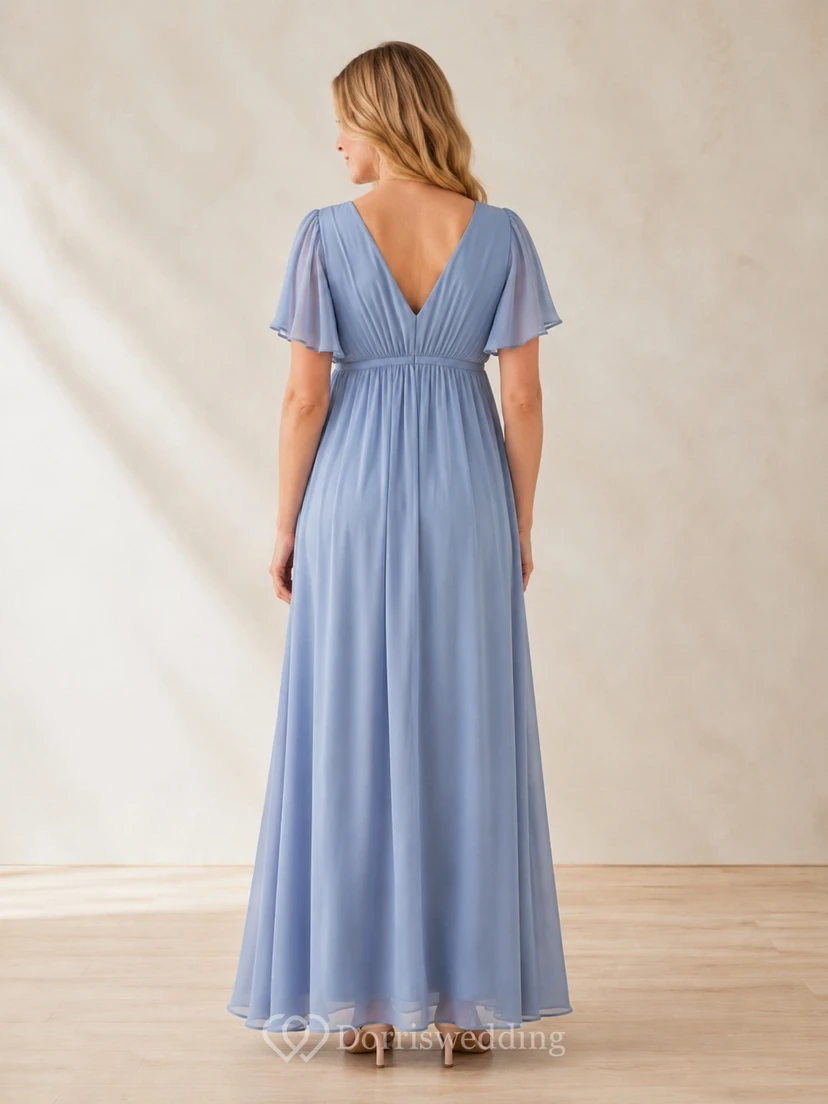Sky Blue Chiffon V-neck Flutter Sleeve Empire Floor-length Maternity Maxi Dress view 2