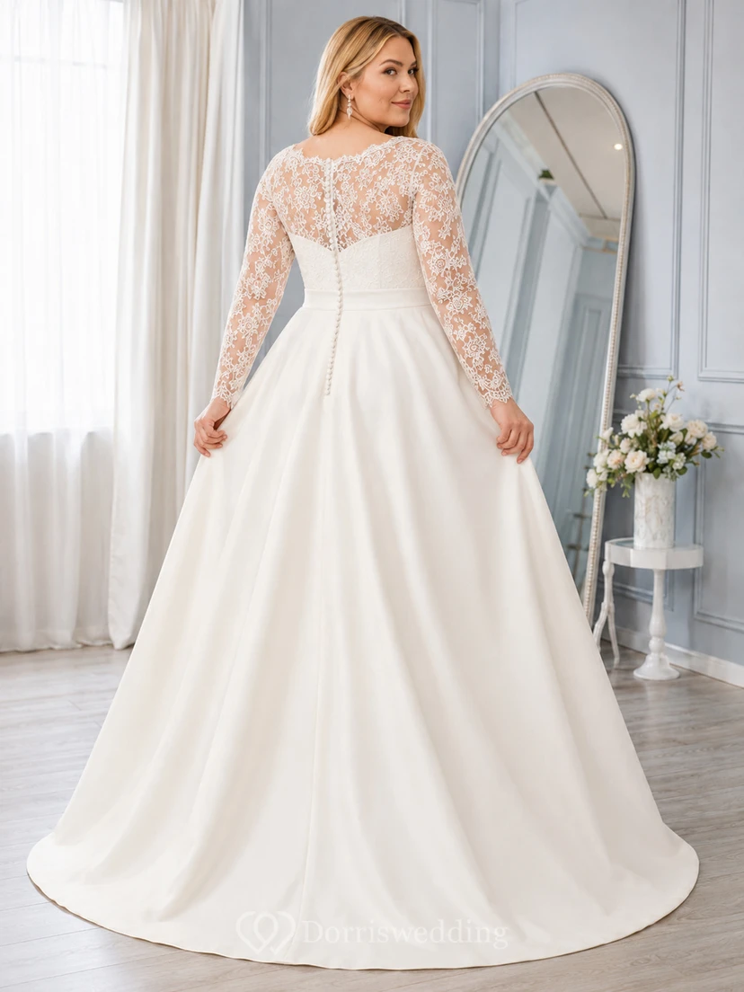 Robe de mariée de bal en satin, col bijou, manches longues illusion, dentelle, taille moyenne, grande taille. view 2