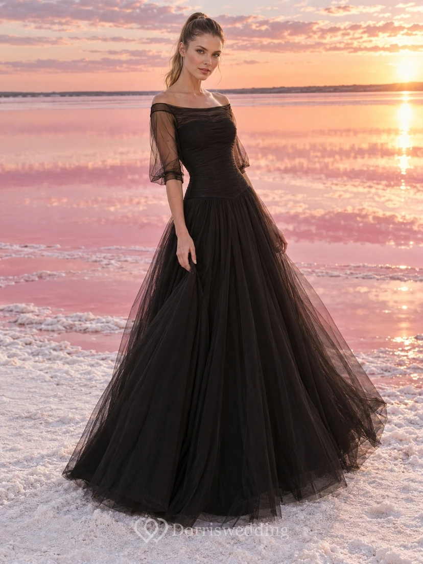 Simple Black Square Half Sleeve Tulle A-Line Sweep Train Wedding Dress